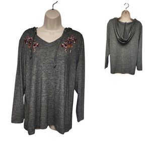 Christopher & Banks Embroidered Long Sleeve Hooded Sweater Blouse Gray Size PXL